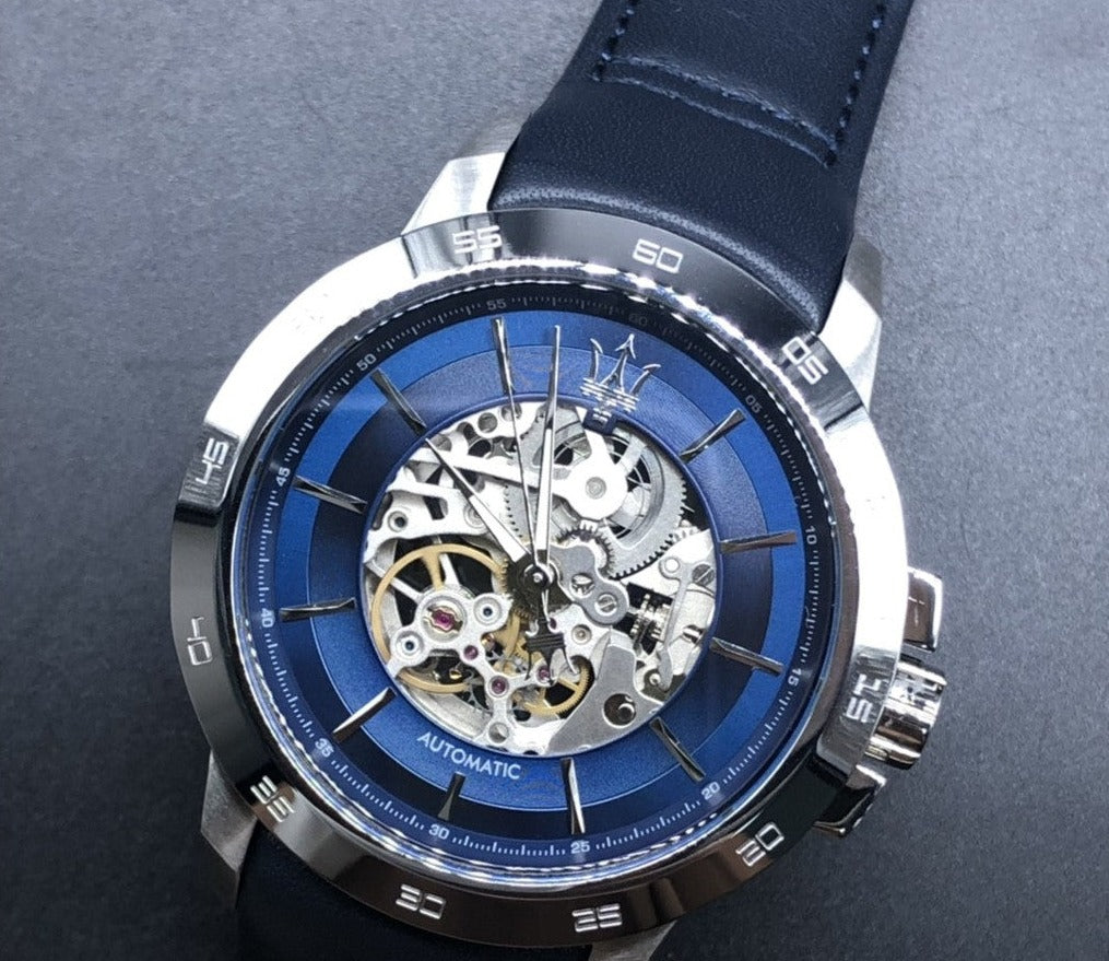 Maserati Ingegno Automatic Blue Skeleton Dial Black Leather Strap Watch For Men - R8821119004