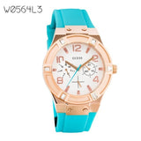 Guess Jet Setter White Dial Turquoise Silicone Strap Watch For Women - W0564L3