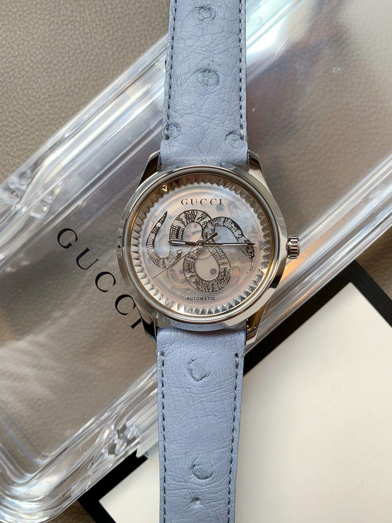 Gucci G Timeless Automatic Mother of Pearl Dial Blue Leather Strap Watch For Women - YA1264113