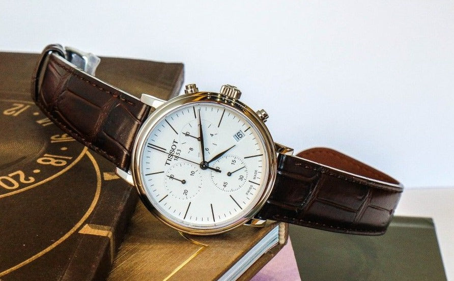 Tissot Carson Premium Chronograph White Dial Brown Leather Strap