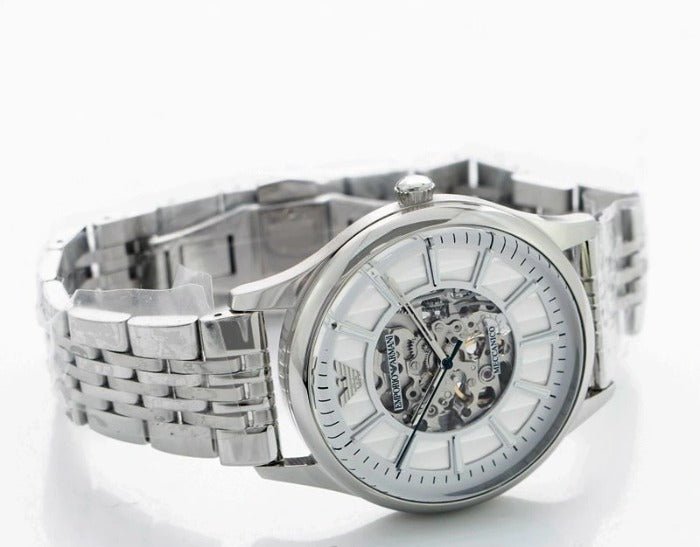 Emporio Armani Meccanico Silver Skeleton Dial Stainless Steel Watch For Men  - AR1945