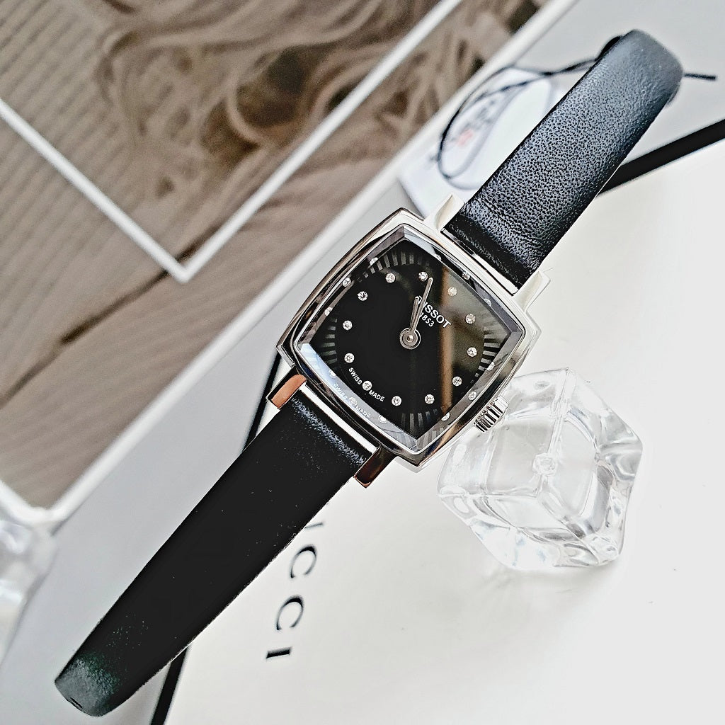 Tissot Lovely Square Quartz Diamonds Black Dial Black Leather