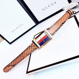Gucci G-Frame Mother of Pearl Dial Brown Leather Snakeskin Strap Watch For Women - YA147402