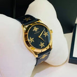 Gucci G-Timeless Black & Gold Dial Black Leather Strap Watch For Women - YA1264055