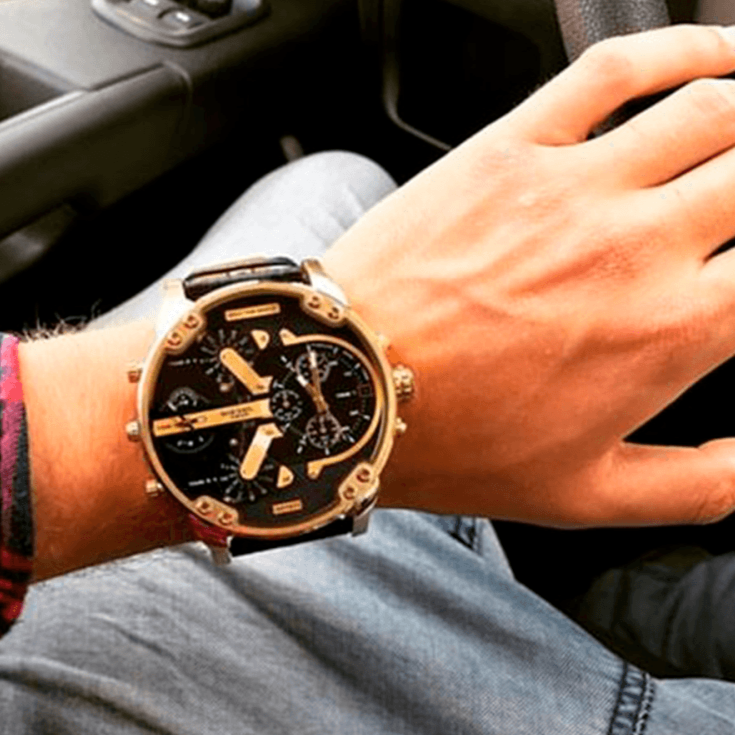Diesel Mr Daddy Black Gold Dial Black Leather Strap Watch For Men
