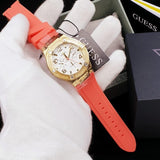 Guess Jet Setter Golden Dial Orange Rubber Watch For Women - W0564L2