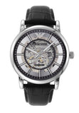 Emporio Armani Luigi Silver Skeleton Dial Black Leather Strap Watch For Men - AR1981