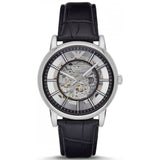 Emporio Armani Luigi Silver Skeleton Dial Black Leather Strap Watch For Men - AR1981