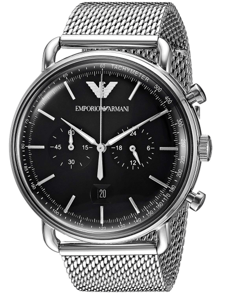 Emporio Armani Chronograph Black Dial Silver Mesh Bracelet Watch For Men - AR11104