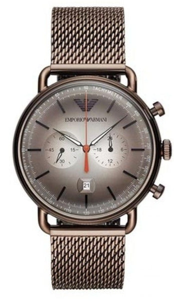 Emporio Armani Aviator Chronograph Grey Dial Brown Mesh Bracelet Watch For Men