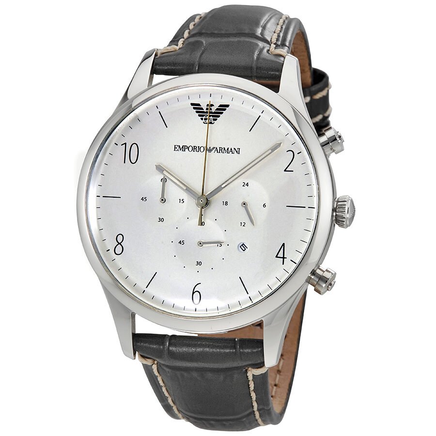 Emporio Armani Watch Strap Leather Grey Chronograph Silver Men Dial Classic For