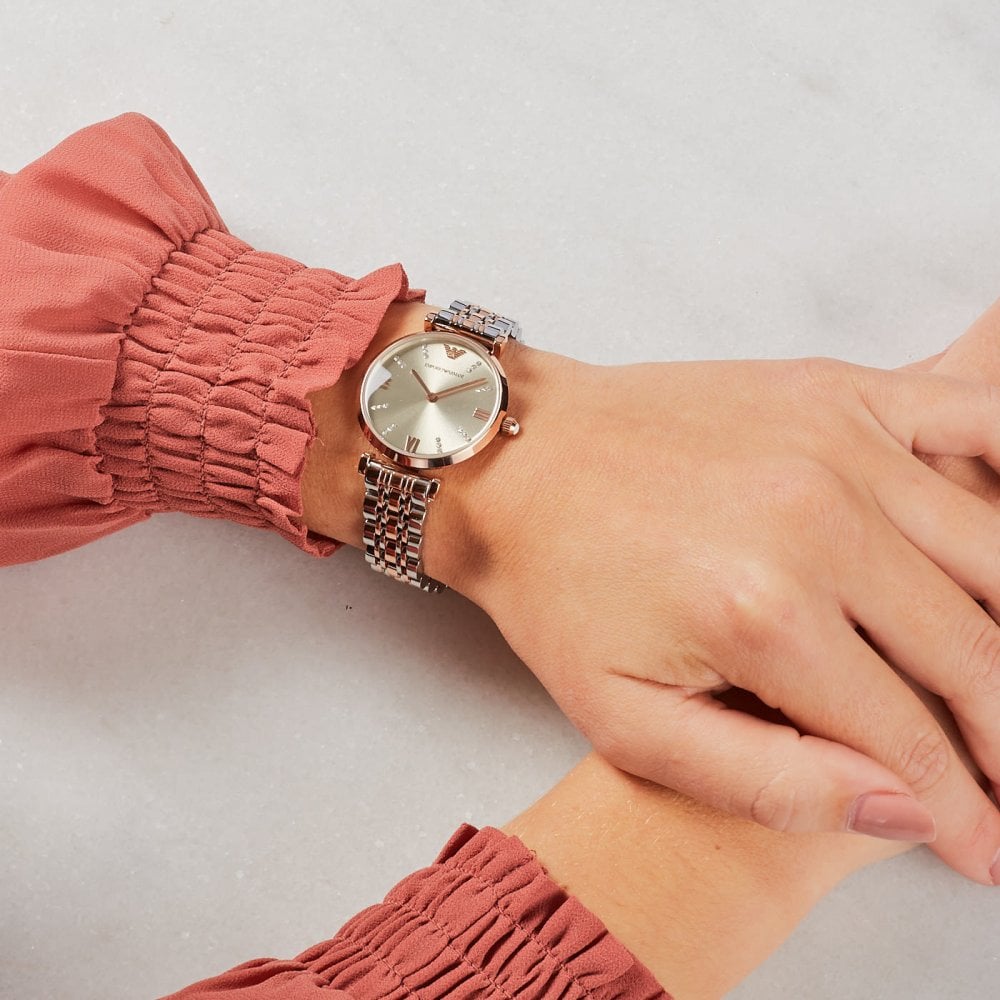 Emporio Armani Gianni T Bar Grey Dial Two Tone Steel Strap Watch