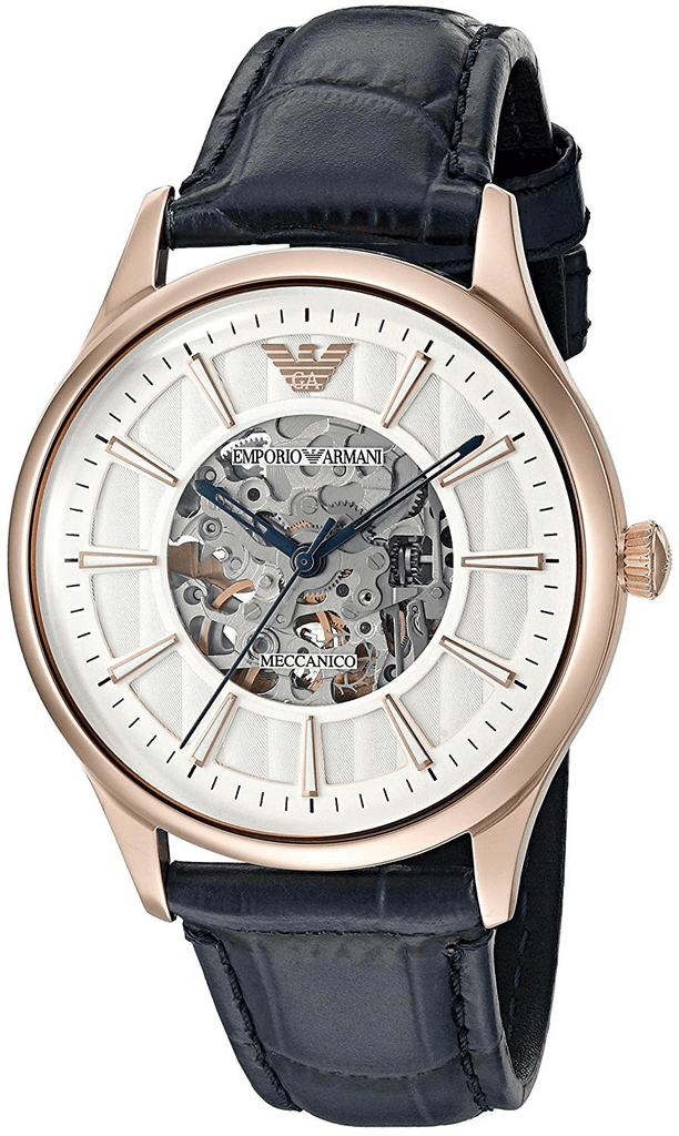 Emporio Armani Meccanico Automatic White Dial Blue Leather Strap Watch For Men