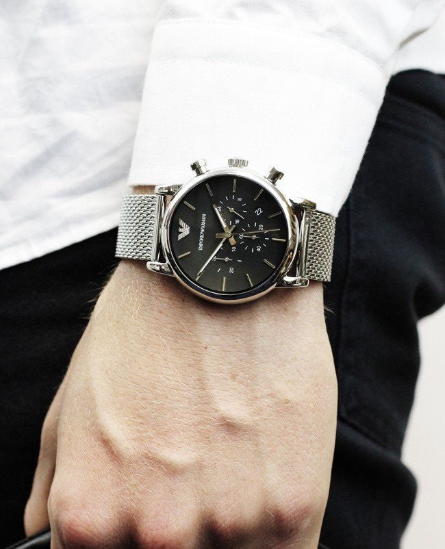 Emporio Armani Luigi Chronograph Bracelet Men Mesh Black Watch Silver Dial For
