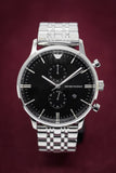 Emporio Armani Chronograph Black Dial Silver Steel Strap Watch For Men - AR0389