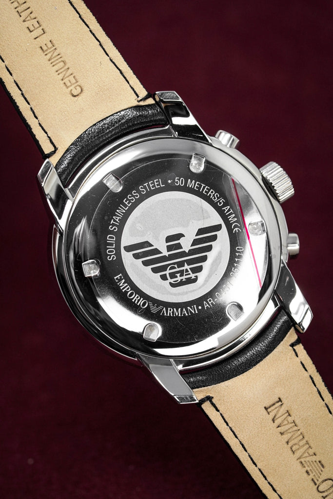 Emporio Armani Classic Chronograph Black Dial Black Leather Strap