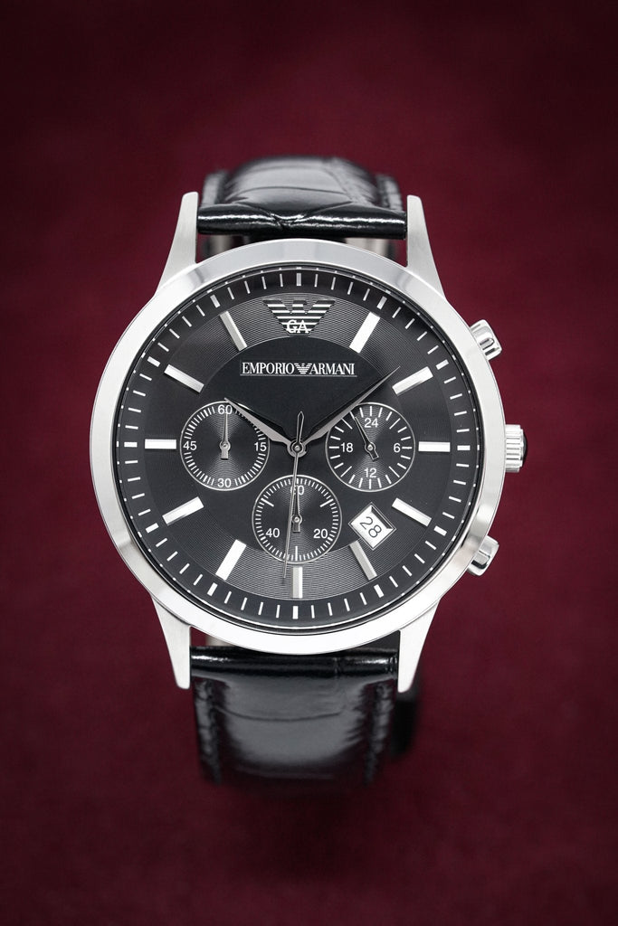 Black Black Leather Watch Armani Chronograph Emporio Strap Dial For Renato Men