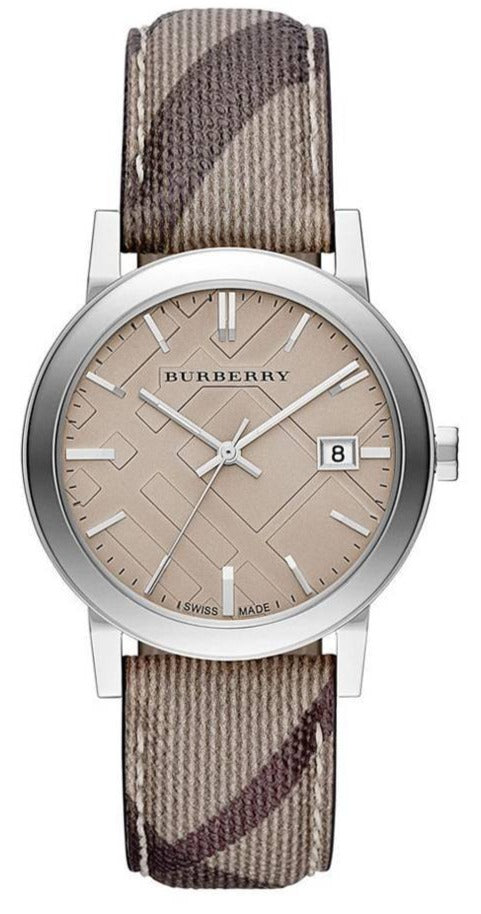 Burberry The City Grey Dial Checked Grey Leather Strap Watch