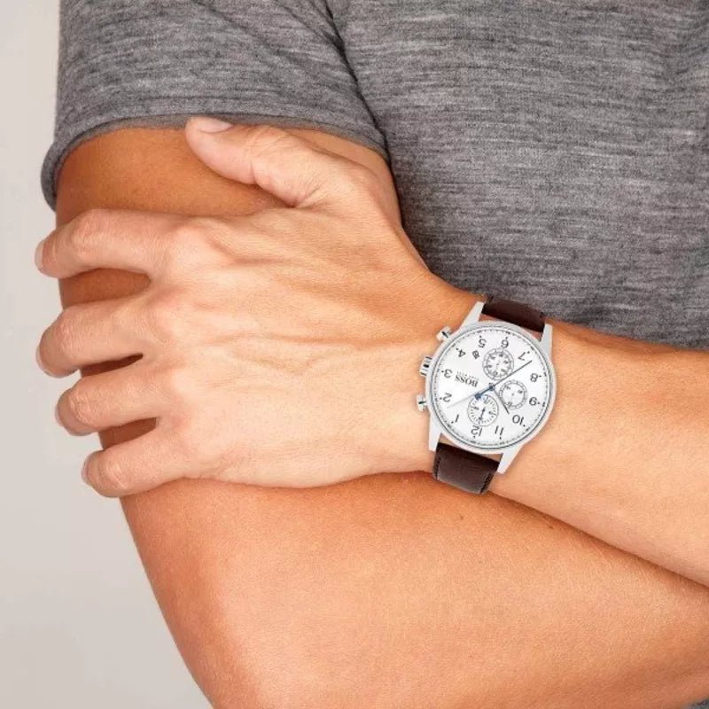 Hugo Boss Navigator White Dial Brown Leather Strap Watch for Men