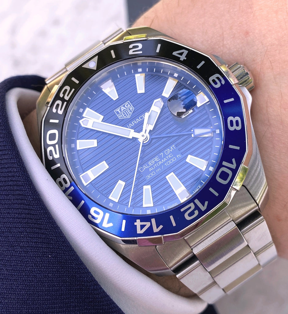 Tag Heuer Aquaracer GMT Calibre 6 Automatic Blue Dial Silver Steel Strap Watch for Men - WAY201T.BA0927