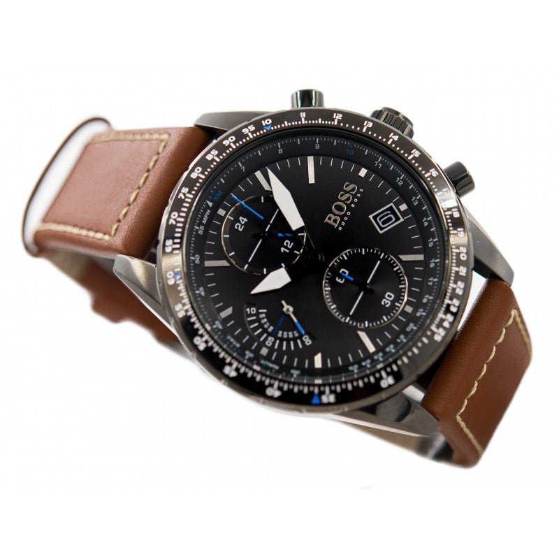 Hugo Boss Pilot Black Dial Brown Leather Strap Watch for Men