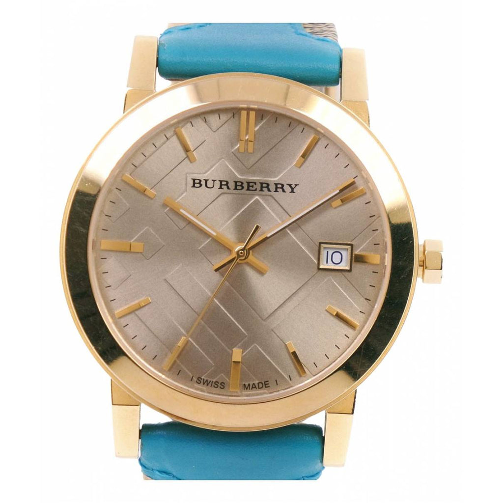 Burberry The City Gold Dial Turquoise Leather Strap Watch for Women