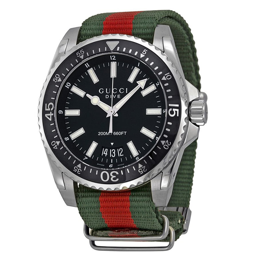 Gucci Dive Black Dial Green & Red Nylon Strap Watch For Men