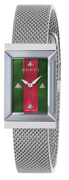 Gucci G Frame Red and Green Dial Silver Mesh Bracelet Watch For Women