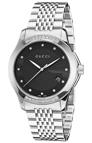 Gucci G Timeless Diamonds Black Dial Silver Steel Strap Watch For Women - YA126408