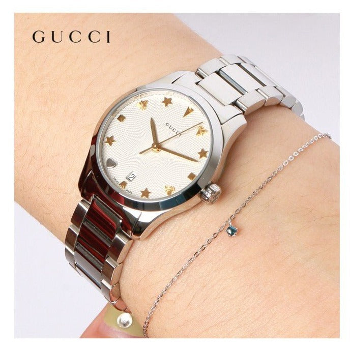 Gucci G Timeless White Dial Silver Steel Strap Watch For Women