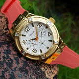 Guess Jet Setter Golden Dial Orange Rubber Watch For Women - W0564L2