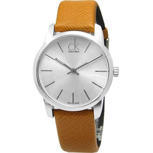 Calvin Klein City Silver Dial Light Brown Leather Strap Watch For Women- K2G23120