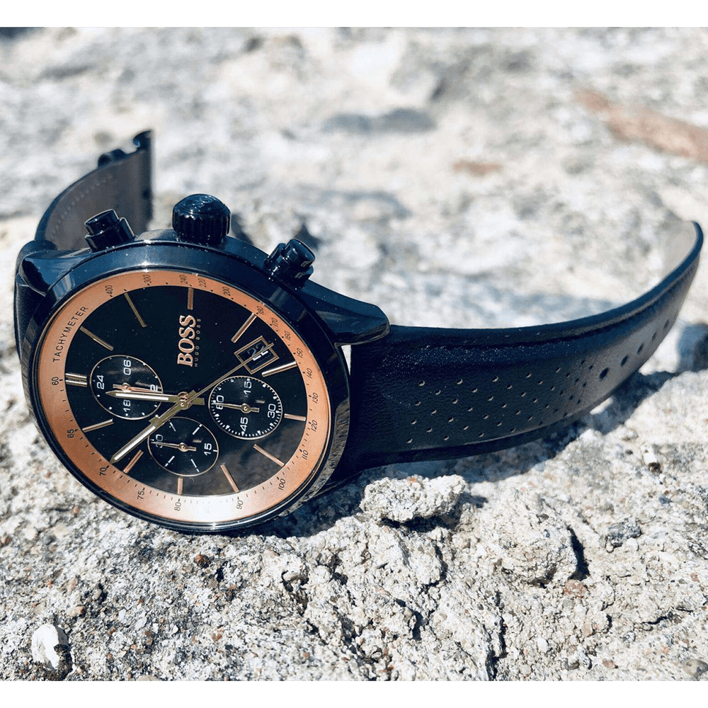 Hugo Boss Grand Prix Chronograph Black Dial Black Leather Strap Watch for Men