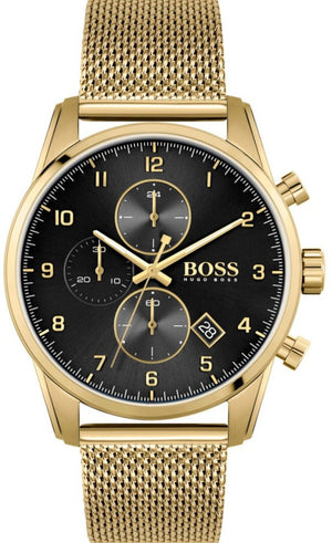 Hugo Boss Skymaster Black Dial Gold Mesh Bracelet Watch for Men - 1513838