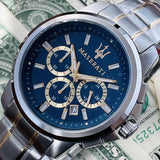 Maserati Successo 44mm Chronograph Quartz Blue Dial Silver Steel Strap Watch For Men - R8873621016