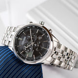 Citizen Eco Drive Chronograph Black Dial Silver Steel Strap Watch For Men - AT2140-55E