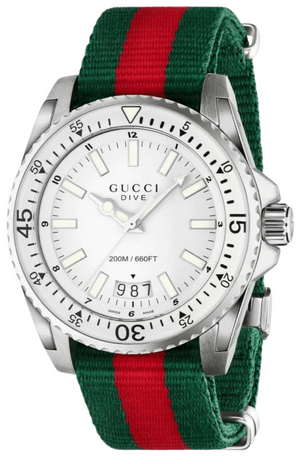 Gucci Dive White Dial Red & Green Nylon Strap Watch For Men - YA136207