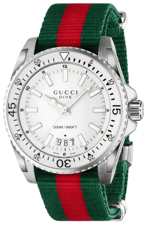 Gucci Dive White Dial Red & Green Nylon Strap Watch For Men