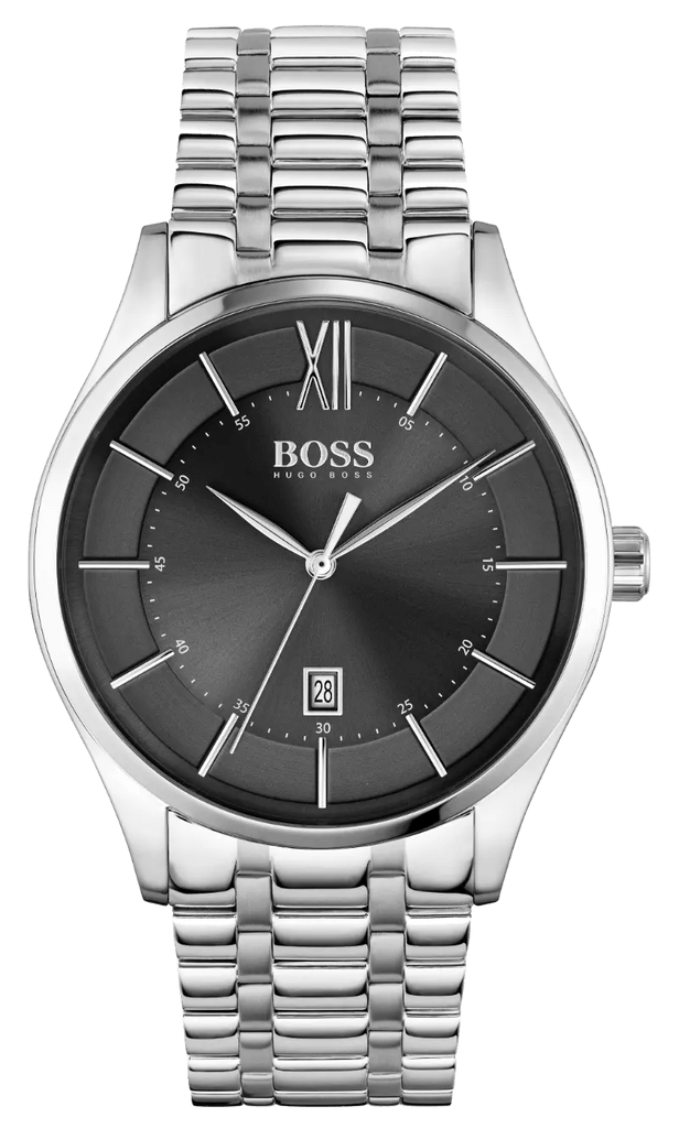 Hugo Boss Officer Black Dial Silver Steel Strap Watch for Men - 1513614