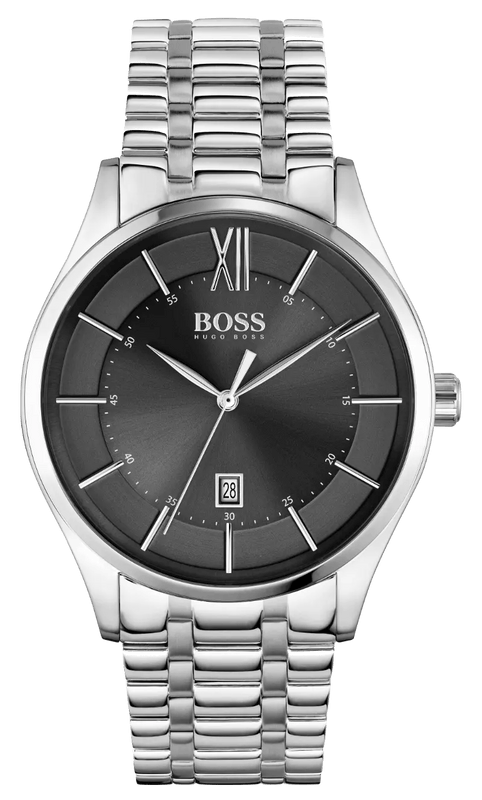 Hugo Boss Officer Black Dial Silver Steel Strap Watch for Men - 1513614