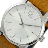 Calvin Klein City Silver Dial Light Brown Leather Strap Watch For Women- K2G23120