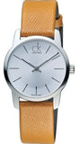 Calvin Klein City Silver Dial Light Brown Leather Strap Watch For Women- K2G23120