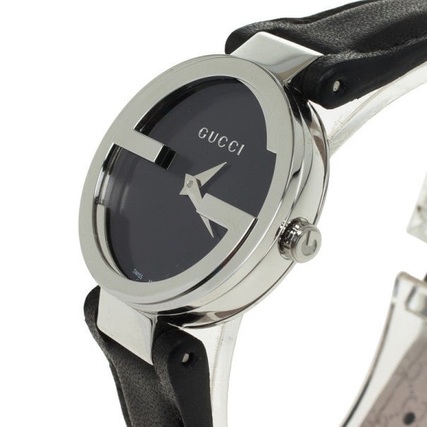 Gucci G Interlocking Black Dial Black Leather Strap Watch For Women