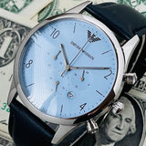 Emporio Armani Chronograph Blue Dial Blue Leather Strap Watch For Men - AR1889