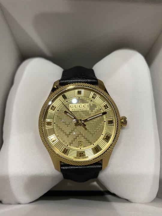 Gucci Eryx Automatic Chevron Gold Dial Black Leather Strap Watch For Men - YA126340