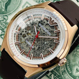 Emporio Armani Meccanico White Skeleton Dial Brown Leather Strap Watch For Men - AR60005