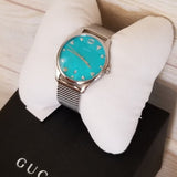 Gucci G-Timeless Turquoise Mother of Pearl Dial Silver Mesh Bracelet Watch For Women - YA126582