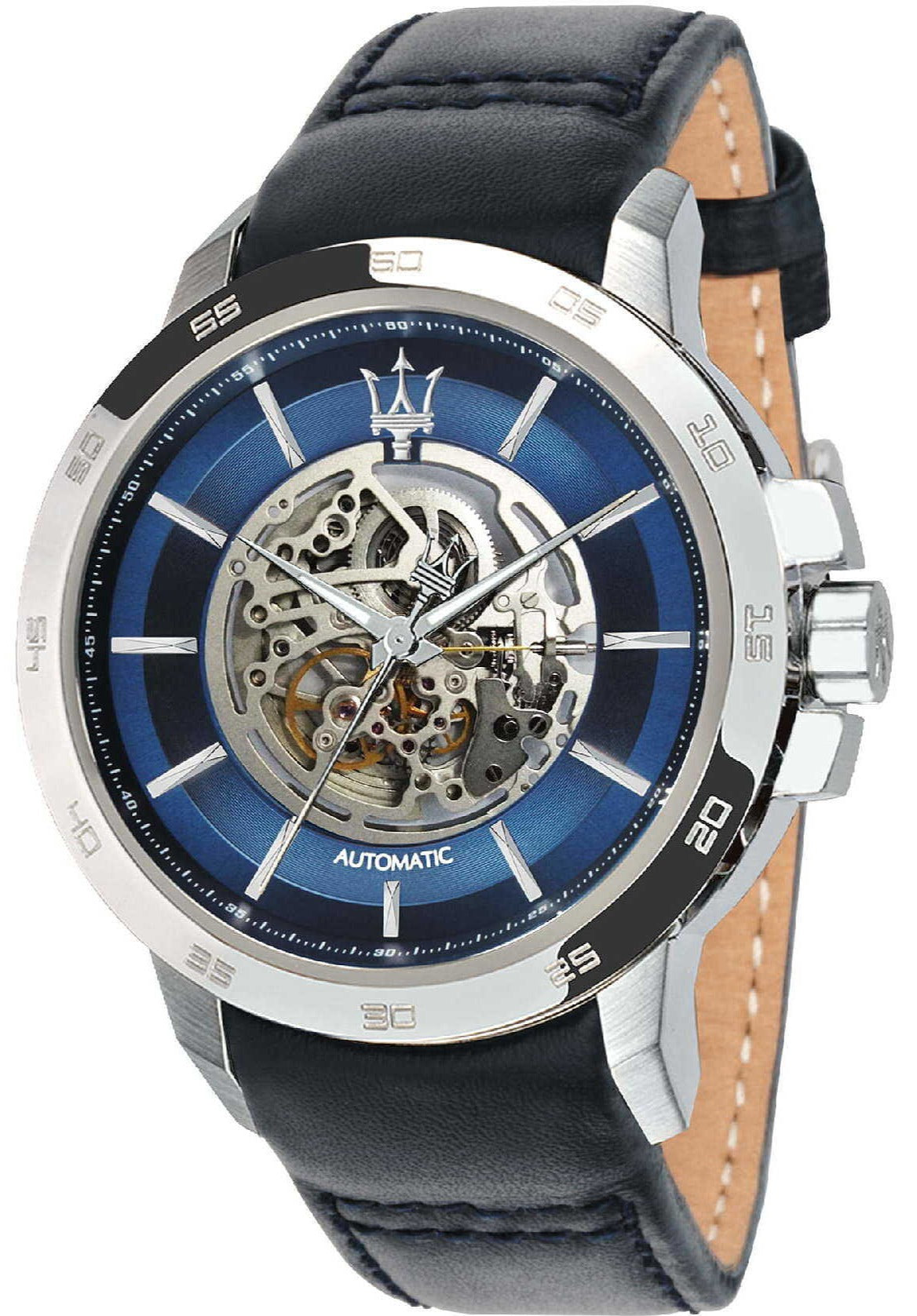 Maserati Ingegno Automatic Blue Skeleton Dial Black Leather