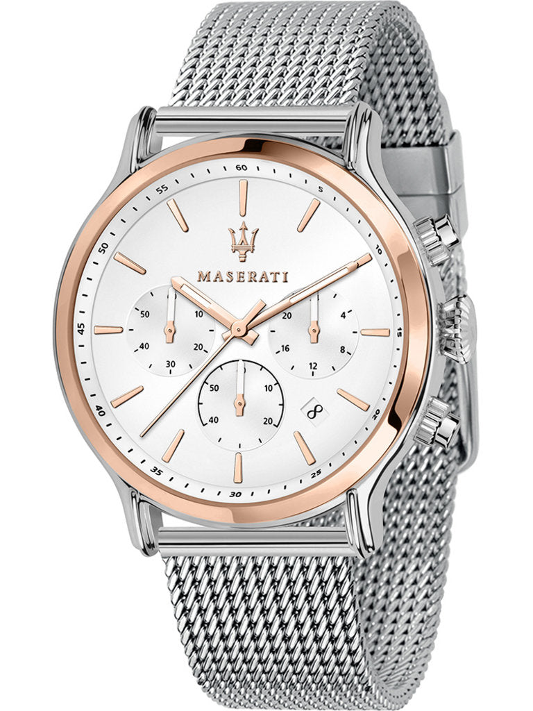 Maserati Epoca White Dial Chronograph Silver Mesh Bracelet Watch For Men