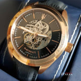 Maserati Traguardo Automatic Black Skeleton Dial Black Leather Strap Watch For Men - R8821112001